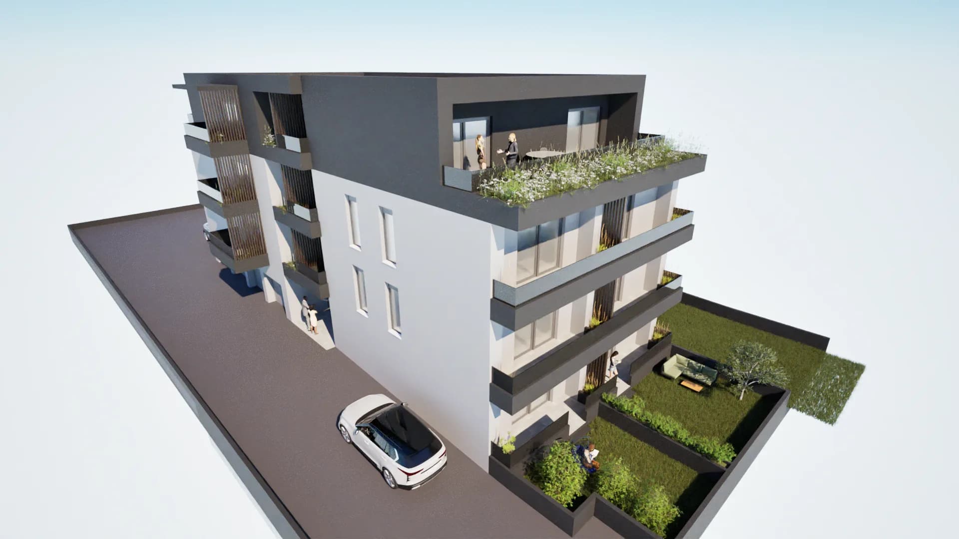 Vizualizacija višestambene zgrade iz zraka s ulične strane, Projekt Kućan u Varaždinu